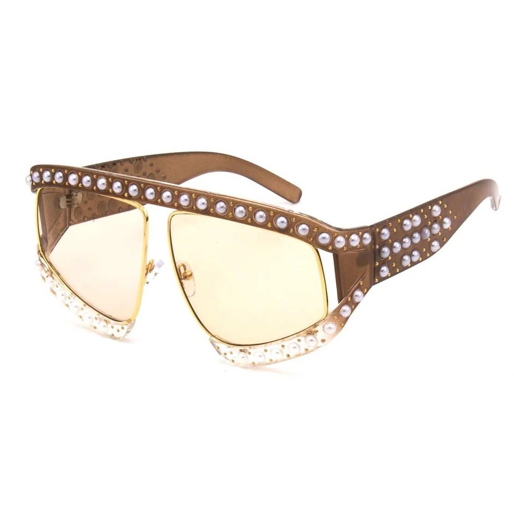Pearl Embellished Sunglasses Outdoor Party Beach Style Women Beige Lens Lentes